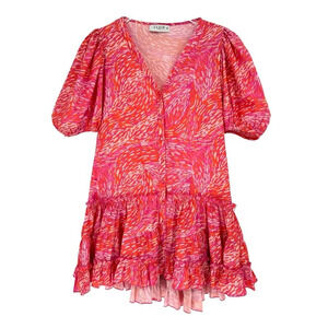 Kleid For Her Puff Sleeve V-Neck Babydoll Mini Dress in Pink Orange XS